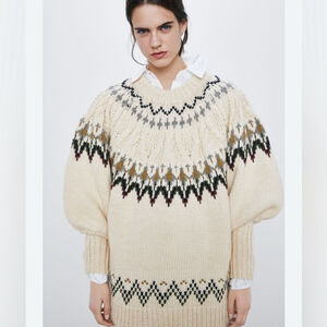 ZARA Fair Isle Puff Sleeve Chunky Knit Sweater – Small